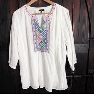 Talbots White Embroidered Split-Neck Tunic with Multicolor Panel